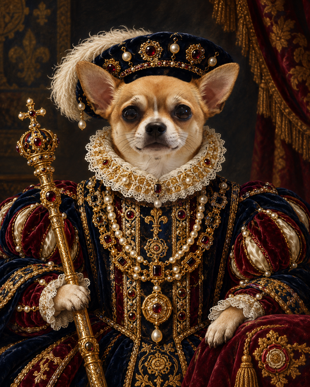 Custom Chihuahua portrait in full Tudor regalia with jeweled velvet, pearls and Renaissance court styling — The Monarch.
