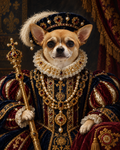 Custom Chihuahua portrait in full Tudor regalia with jeweled velvet, pearls and Renaissance court styling — The Monarch.