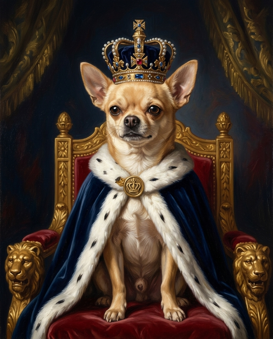 The Royal Commission — Monarch style custom chihuahua portrait: chihuahua wearing a jeweled gold crown and navy ermine-trimmed royal cape, seated on a golden throne, classical oil painting