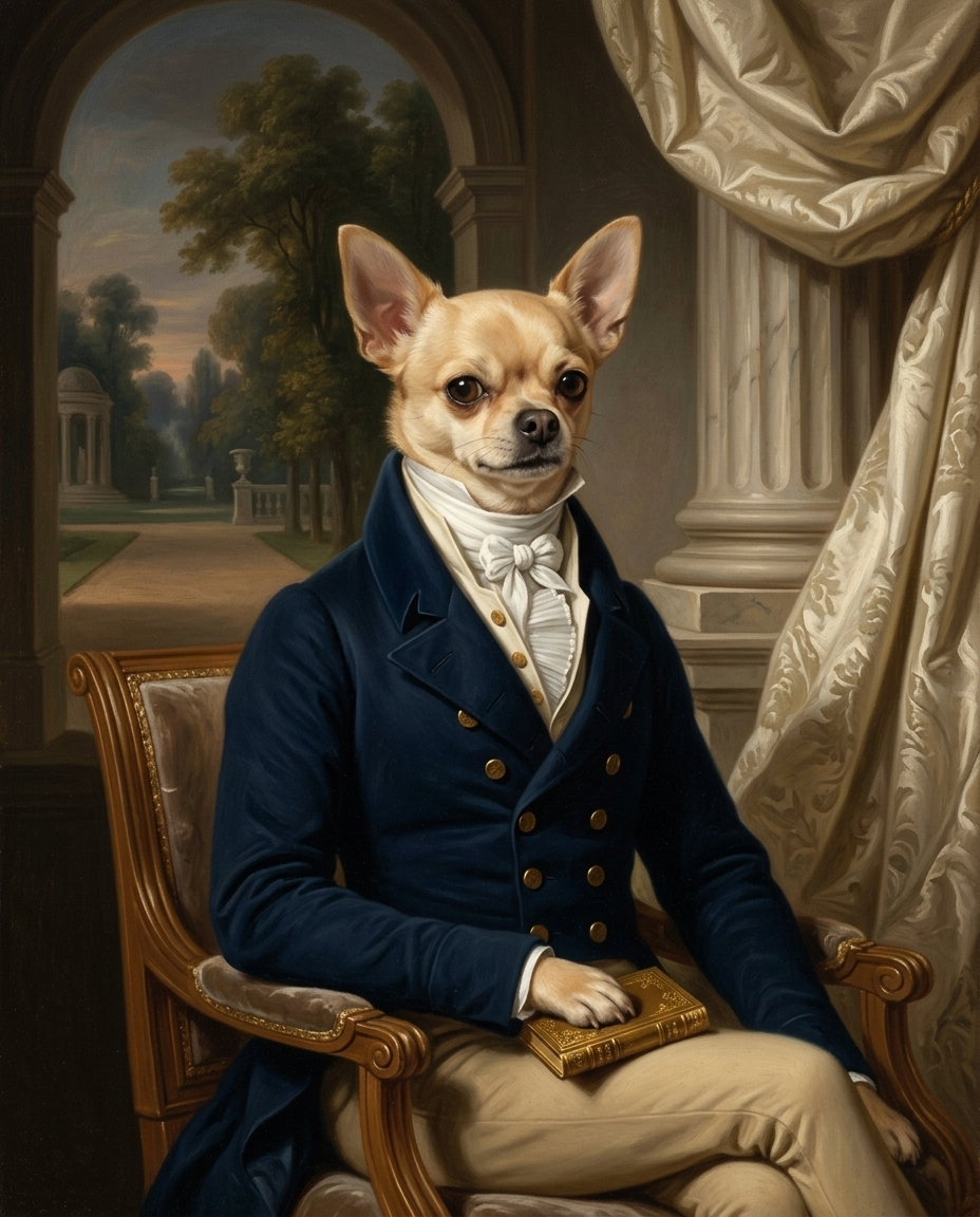 The Royal Commission — Regency style custom chihuahua portrait: chihuahua in a navy tailcoat with white cravat, refined aristocratic oil painting