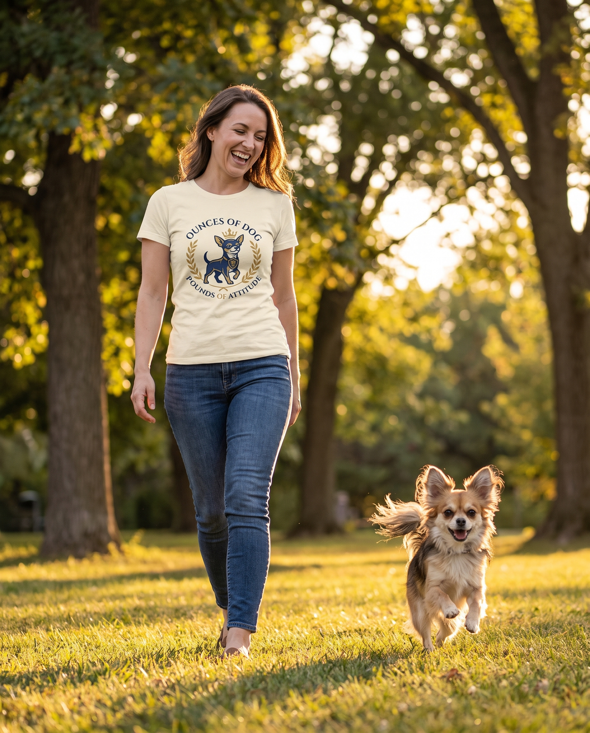 Woman wearing the Ounces of Dog, Pounds of Attitude chihuahua t-shirt walking in a park with her chihuahua