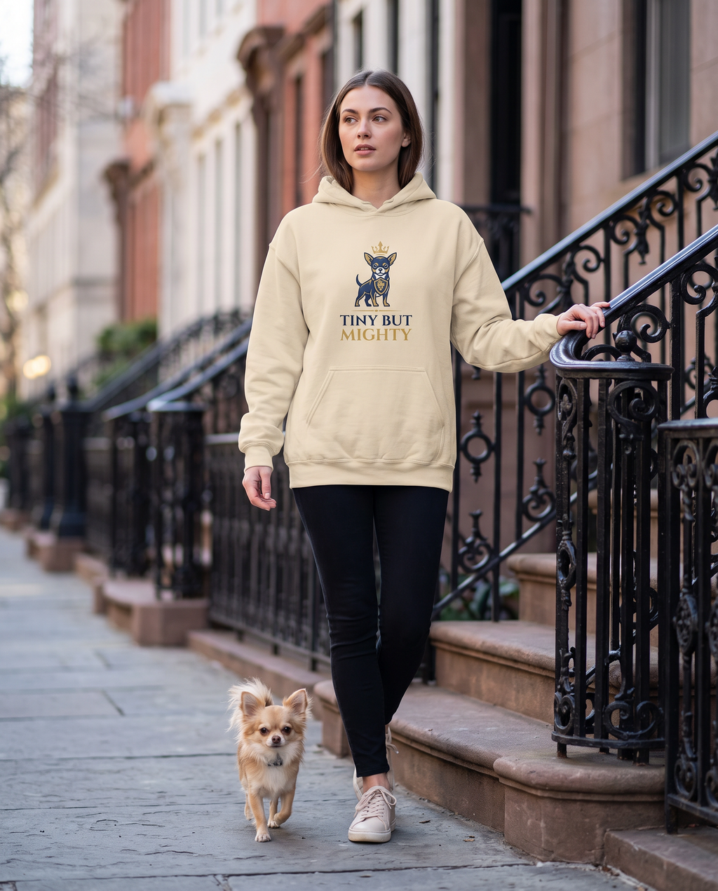 Woman wearing the Tiny But Mighty chihuahua hoodie on townhouse steps with her chihuahua