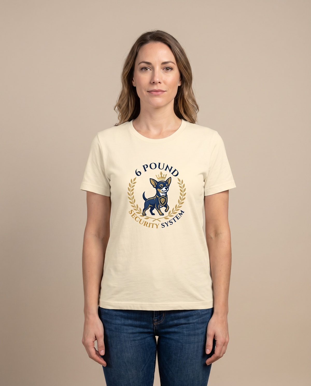 Woman wearing the 6-Pound Security System cream t-shirt, front view studio shot