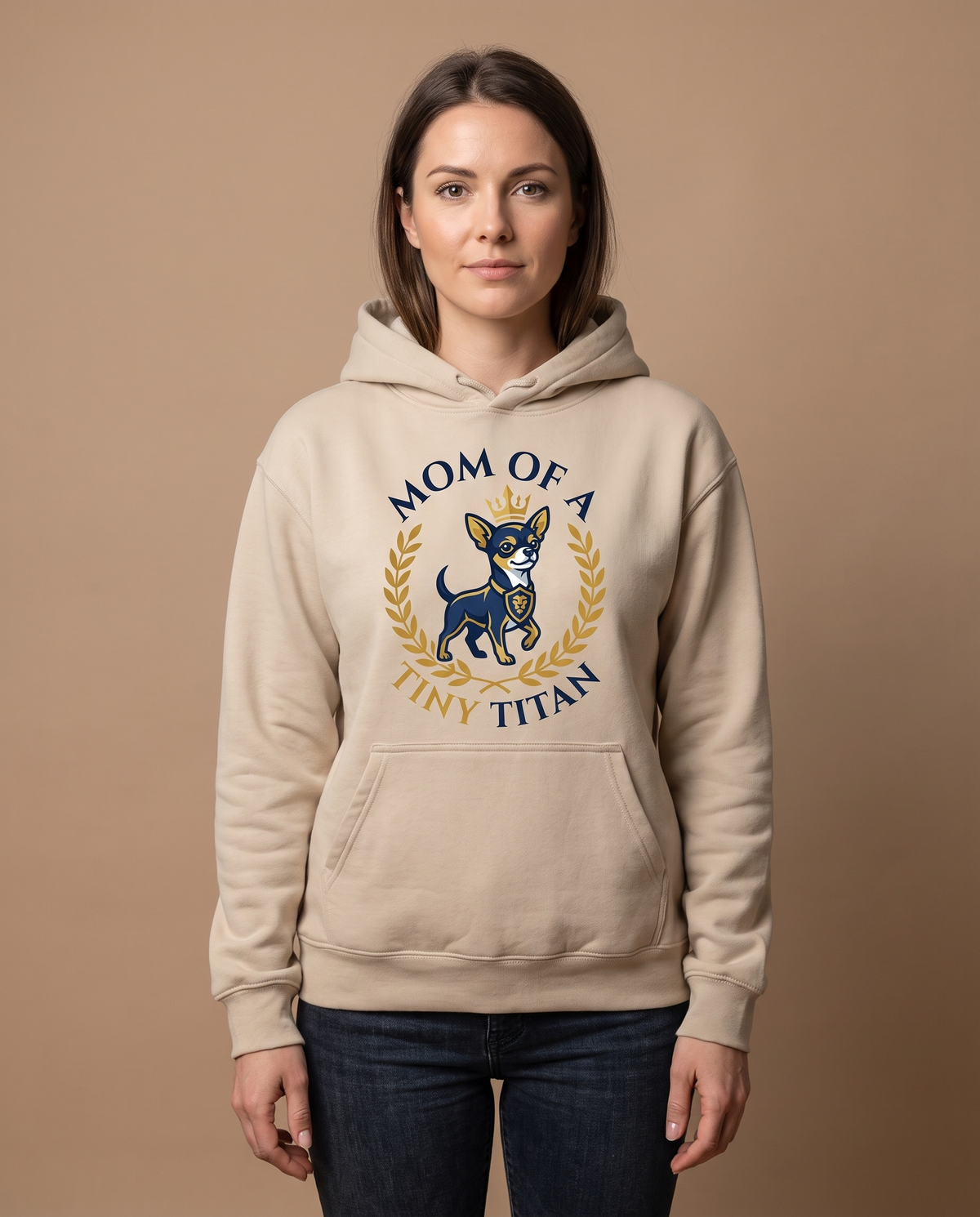 Mom of a Tiny Titan sand hoodie, Classic Crest design, front view studio shot