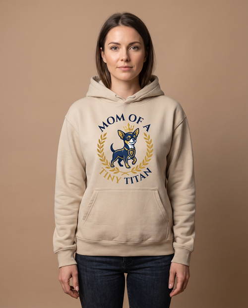 Mom of a Tiny Titan sand hoodie, Classic Crest design, front view studio shot