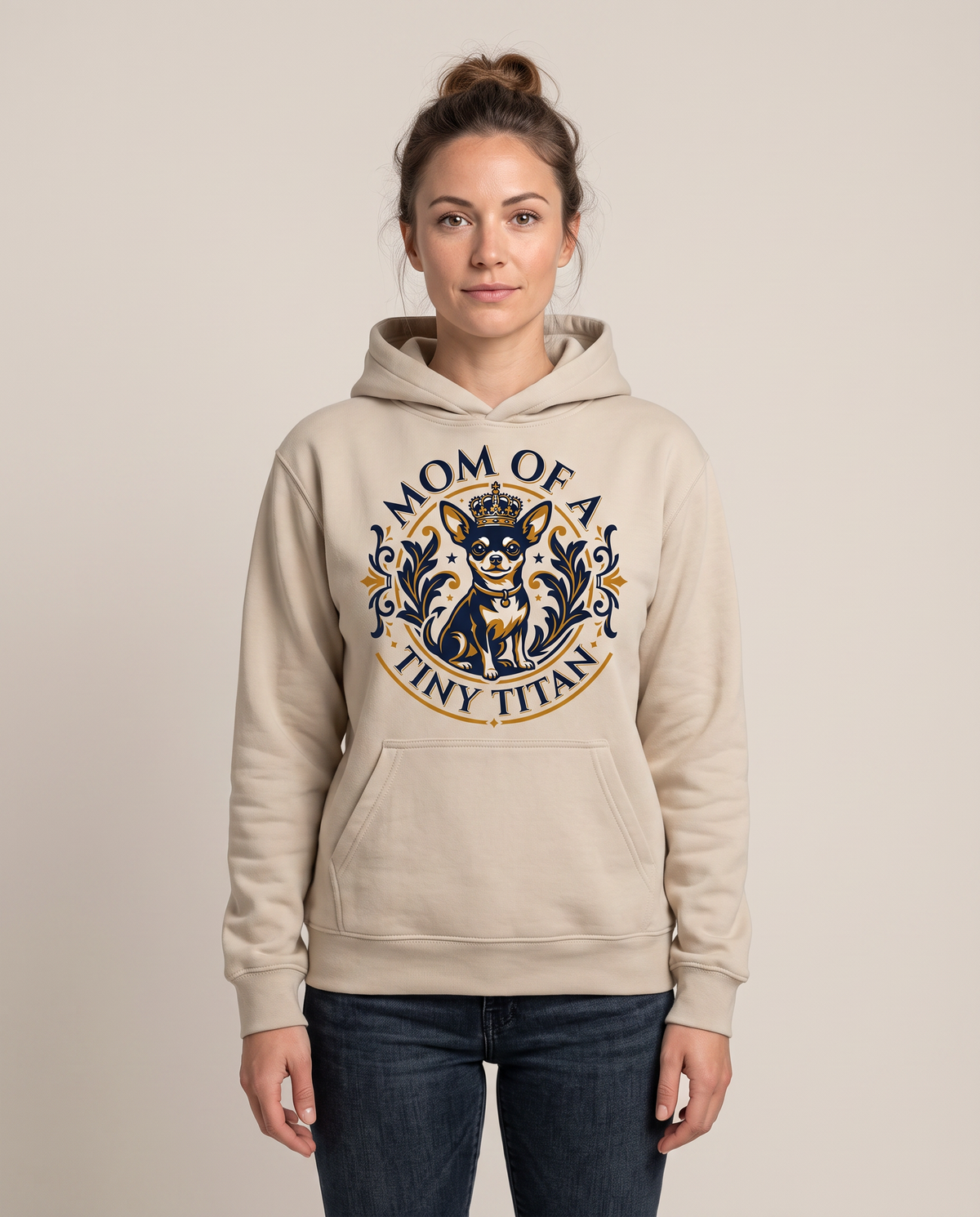 Mom of a Tiny Titan sand hoodie, Ornate Scroll design, front view studio shot