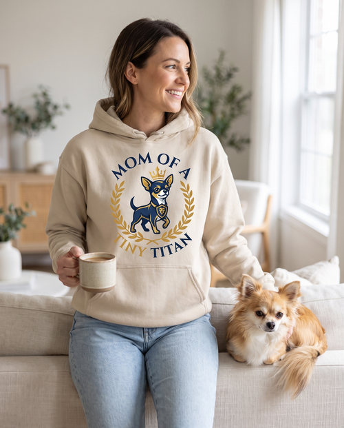 Woman wearing the Mom of a Tiny Titan sand hoodie, Classic Crest design, at home with her chihuahua